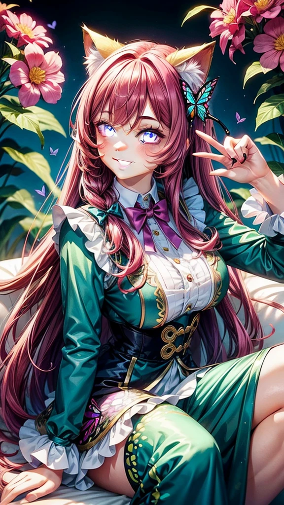 Magenta hair, hazel eyes, older woman, hair bows, cat ears, long hair, smiling face,outfit, butterflies, teal and gold outfit, butterfly background