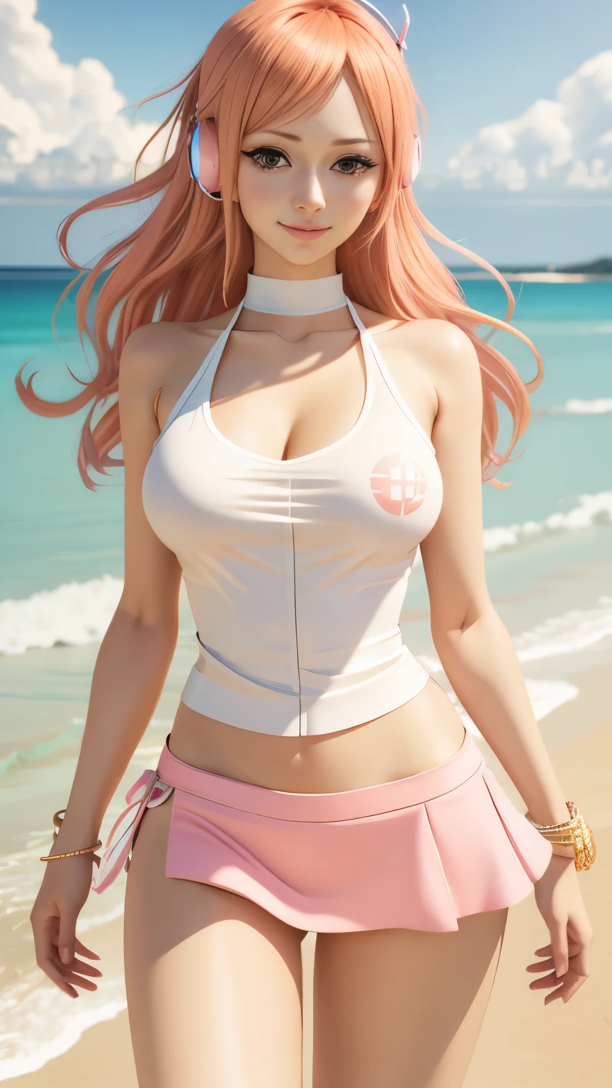 Nami from One Piece. Wearing a super mini skirt
Nami from One Piece. Wearing a super mini skirt、A woman in a white top and pink panties posing on the beach, Photorealistic anime girl rendering, Smooth anime CG art, Realistic Anime 3D Style, Swimwear, April Rendering, Realistic Bikini, 3D Anime Real, Anime very detailed, Photorealistic perfect body, Detailed digital anime art, Trending on cgstation, Anime-style 3D, Enchanting anime girl 