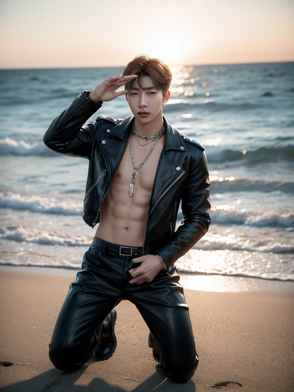 a handsome man in a black leather jacket and leather pants with chains, kneeling on the beach and facing the viewer, hands in pockets, a bad boy idol, highly detailed realistic portrait, cinematic lighting, dramatic colors, 8k, hyperrealistic, dynamic pose, dramatic chiaroscuro, sharp focus, photorealistic, professional photography, stunning natural background, beautiful sunny day, Kim Namjoon, BTS,malejoon, malejoon bts, bts, male, Rap monster,