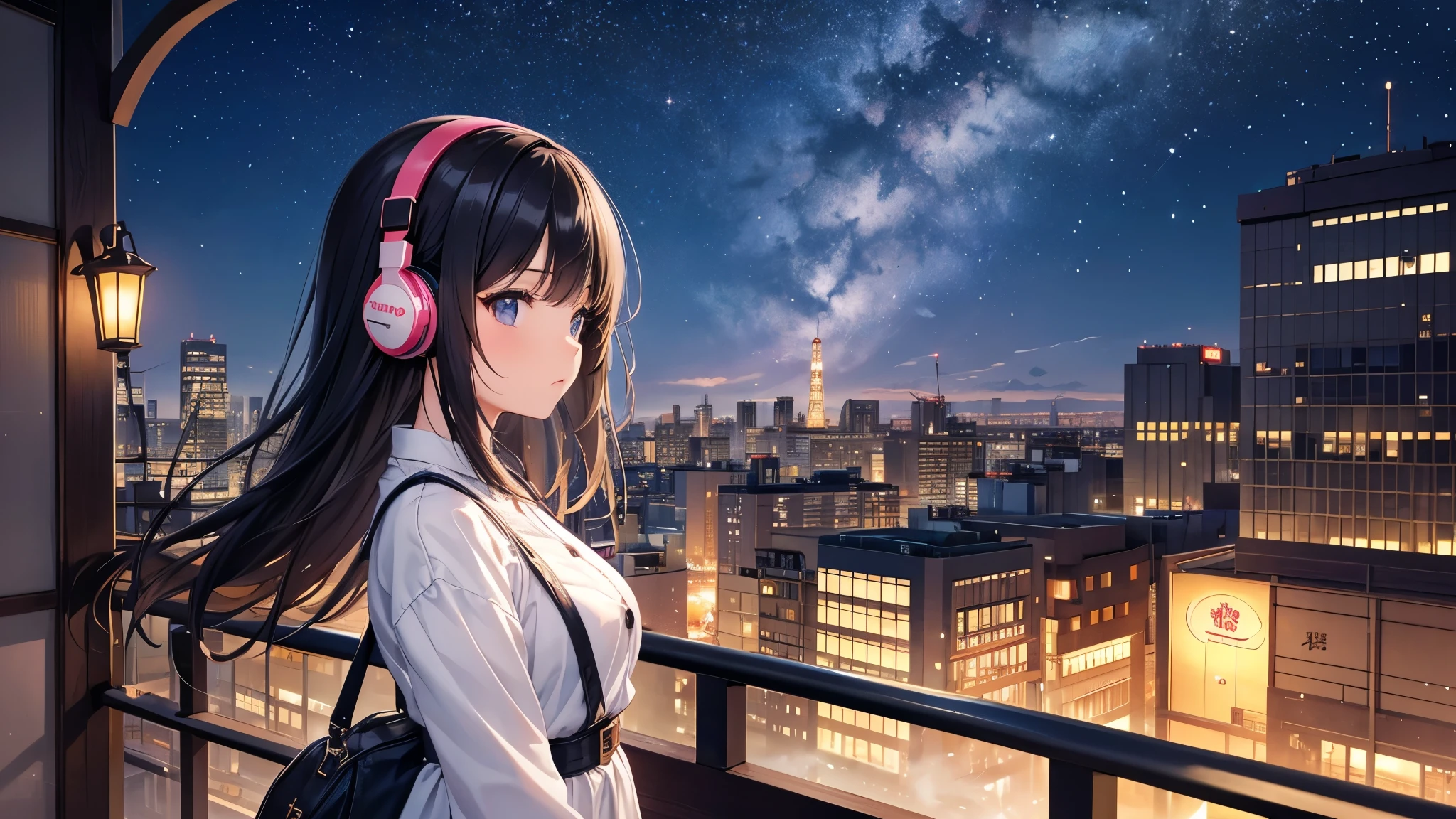 Places where you can see Osaka Castle。A young girl with black hair wearing stylish clothes and headphones labeled "lo-fi" The girl is shown in profile, gazing into the distance with a calm, relaxed expression Background depicts the iconic scenery of Namba, Osaka at night, without any text on signs A starry night sky adding to the peaceful atmosphere Overall mood is quiet and serene, perfect for lo-fi music Detailed hair rendering and careful attention to the girl's fashionable outfit The entire scene should evoke a relaxing, introspective feeling associated with lo-fi music