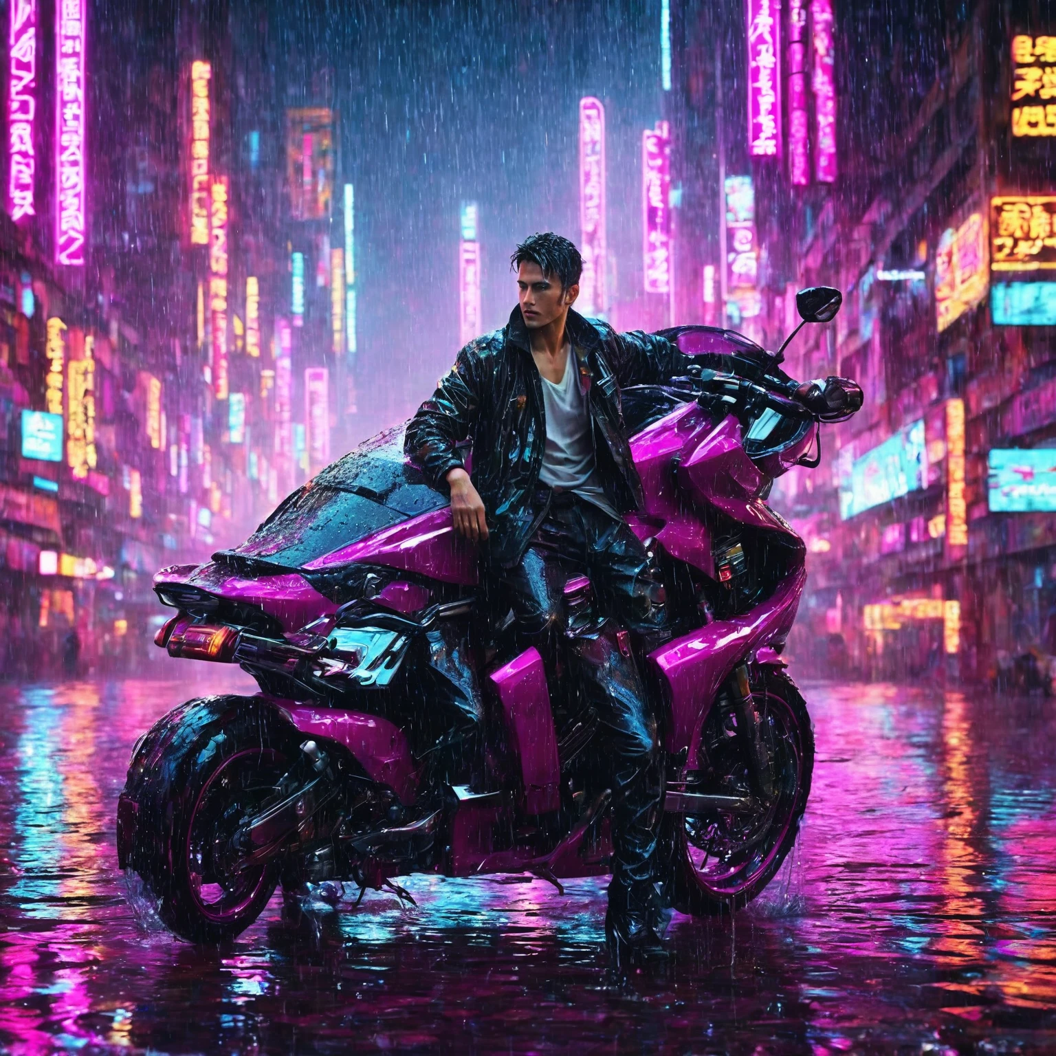 (Masterpiece, Best Quality, high resolution, fondo de pantalla de unidad 32k, Extremely detailed CG:1), (weak illustration on stage:1.0), ((1 young handsome man:1.55 by cyberpunk:1.5 )),(( cyberpunk night city:1.4)), neon signs futuristic cars,dark place rain, ((wet clothes magenta neon lights illuminating the young man perfectly:1.45) . 32k