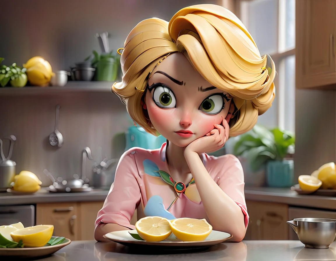 Short-haired blonde woman sitting at the table in the kitchen on the table a plate with pepper and lemon slices