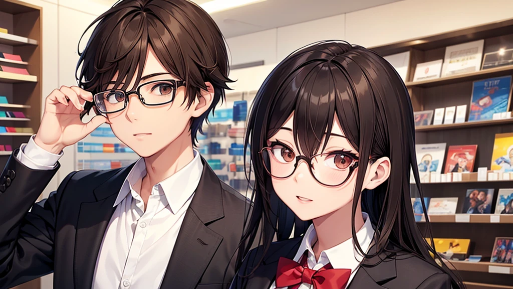 I will design a YouTube thumbnail image featuring an eyeglass store clerk, inspired by 'Daisuke Sakuma' or 'Masaki Suda'. He sports square black-rimmed glasses, has brown eyes, and vibrant reddish-brown hair, with a range of expressions. The jawline is rounded, and the illustration will cover his entire face and upper body. The background beautifully showcases vibrant and stylish glasses in a brightly lit eyeglass store.