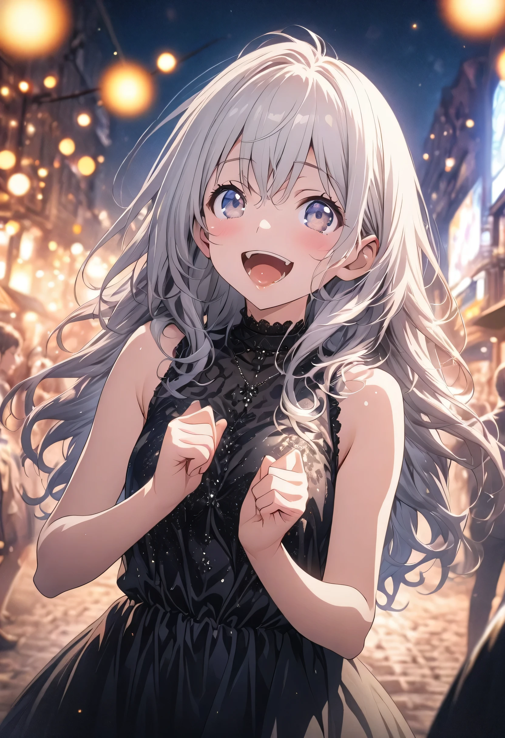 masterpiece, Highest quality, Highly detailed CG Unity 8K wallpapers, High School Girl Anime Illustration. Please wear a small dress., The index fingers of both hands, She has her eyes open and her mouth open, smile. Silver Hair, black eye, twins, Bokeh Photo, (Soft Focus):1.2, Out of focus highlights, Dreamy atmosphere, Glowing circle, Fascinating Depth, The background is a realistic urban landscape,Look up from a low angle