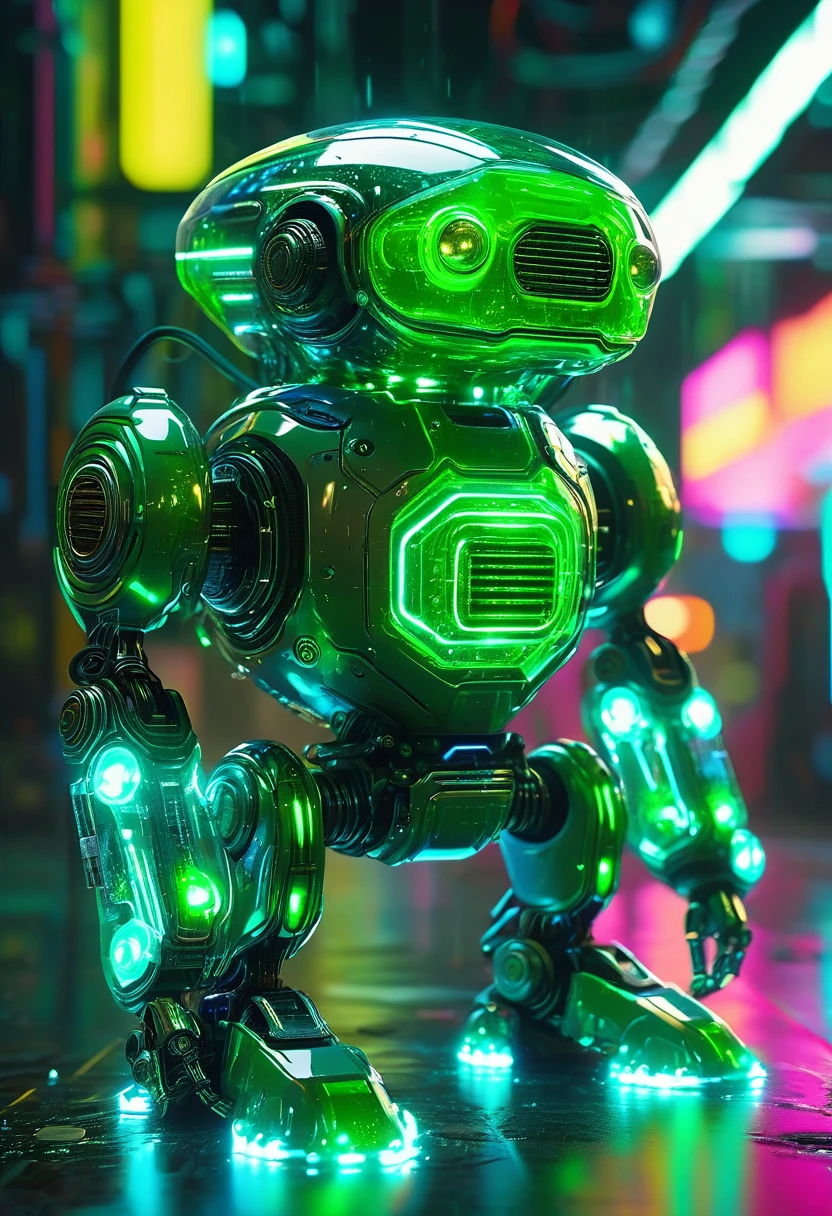 robot entirely made of green slime:1.5, green slime:1.5, transparent body with visible internal wiring, highly detailed, hyper-realistic, 8k, photorealistic, cinematic lighting, glowing blue circuitry, futuristic, intricate mechanical design, metallic textures, sleek and modern, complex machinery, advanced technology, cyberpunk aesthetic, moody atmosphere, dramatic shadows, vibrant colors, neon accents