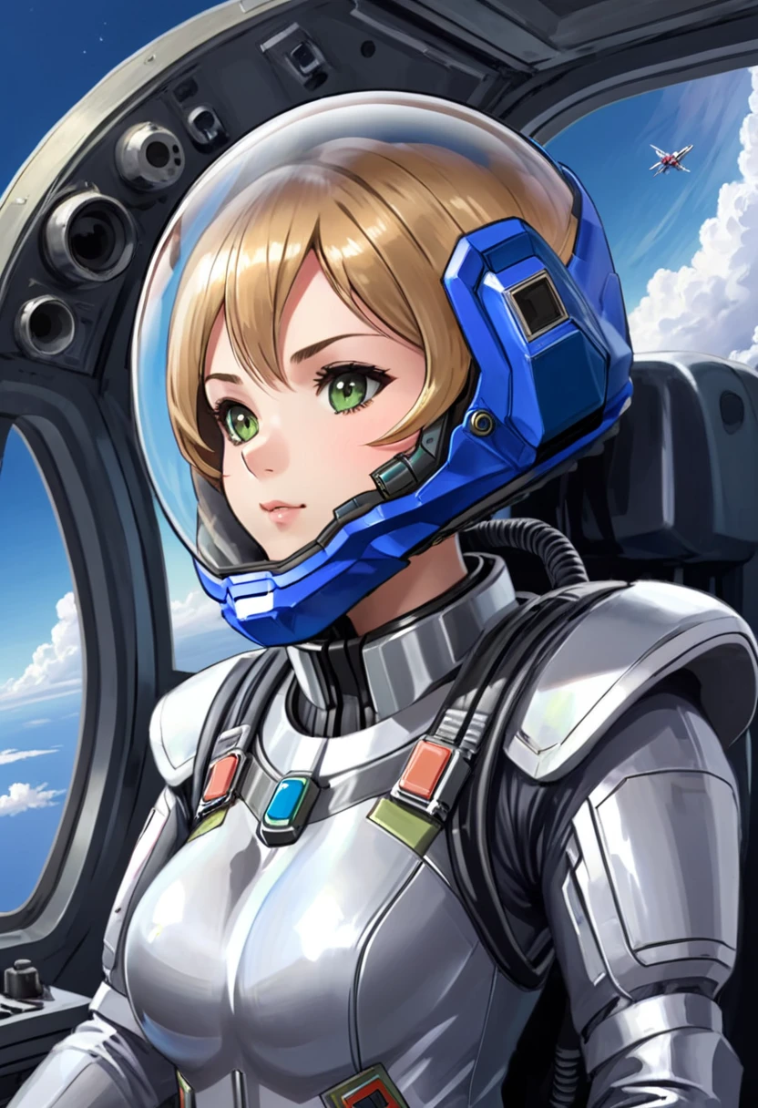 ((Female pilot in the cockpit of a reconnaissance plane), (airplane cockpit), (in flight), (10000 feet altitude)、(sky view):1.7),, short hair, eyeliner, apocalypse, girl, nside the (cockpit:1.9) of a (futuristic spaceship:1.6), , blush,sitting on a chair, covered navel, space helmet, muvluv, space helm, plug suit , space helmet, eva helm, space suit, short hair,
FROM SIDE