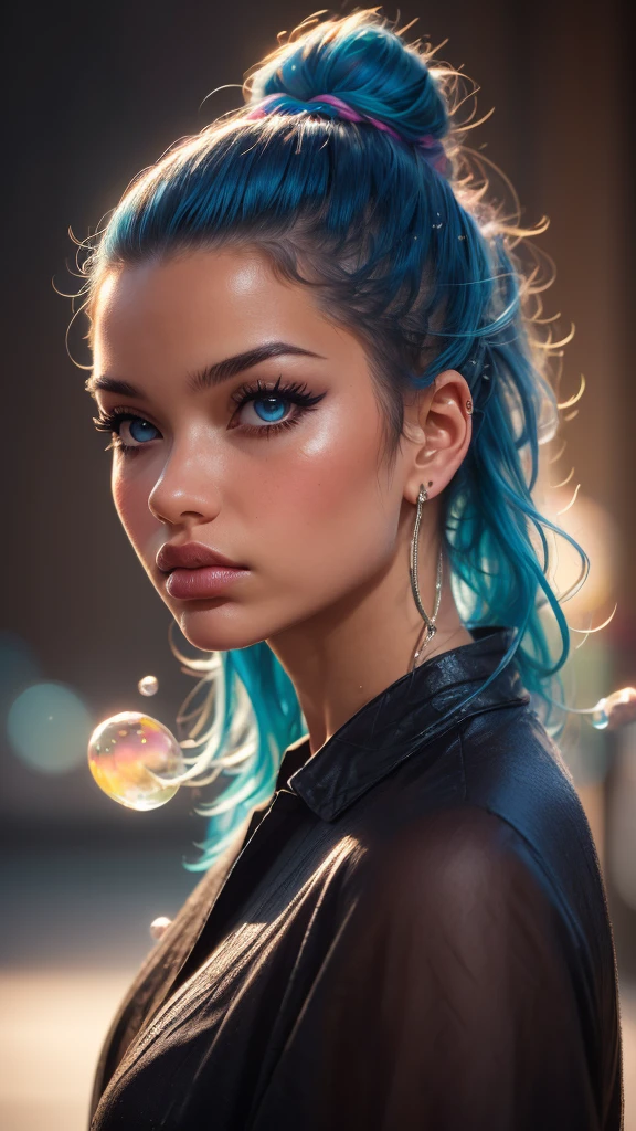 a girl standing, looking at the viewer, with messy hair, wearing fashionable clothes, (best quality,4k,8k,highres,masterpiece:1.2),ultra-detailed,(realistic,photorealistic,photo-realistic:1.37),floating,beautiful detailed eyes,beautiful detailed lips,extremely detailed eyes and face,longeyelashes,delicate beauty,high saturation,colorful splashes,colored bubbles,shining,focused on the face,ponytail,Ayaka Kamisato,light blue hair,bangs,hair halo,flowing hair,brilliant,best lighting,best shadow,full body,portrait