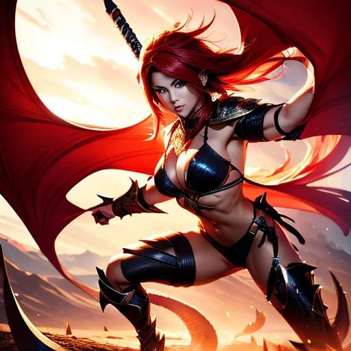 Confront the Dragon、a female、Long face、Fantasy、Great Sword、Swing wide、Upper stance、Bikini Armor、Red hair、sexly、muscular、Full body photography