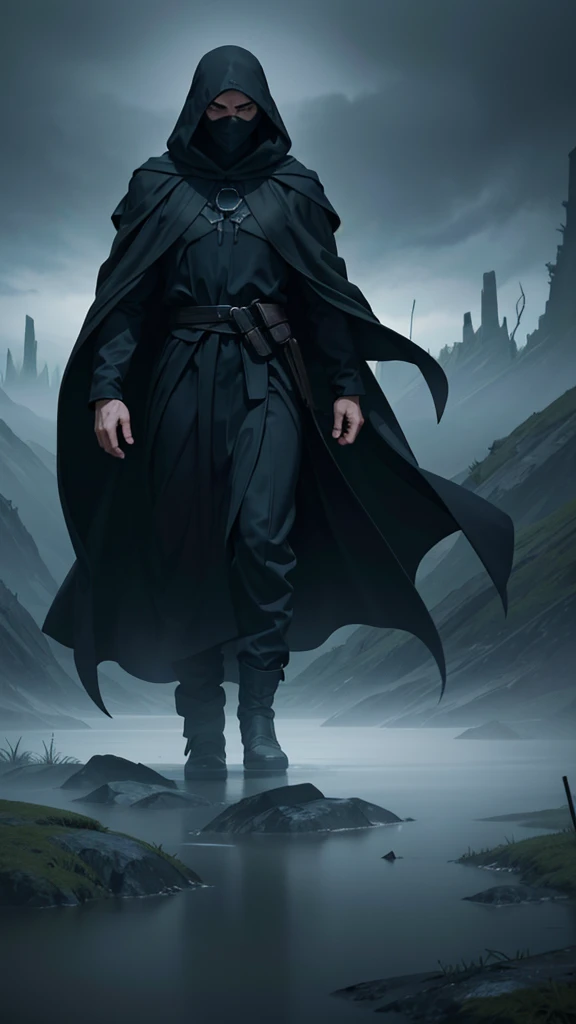 A dark, mysterious figure cloaked in tattered black robes stands in a foggy landscape, surrounded by swirling crows taking flight. The figure's face is hidden beneath a shadowy hood, adding to the enigmatic aura. The background features muted gray skies and hints of overgrown vegetation, creating a haunting atmosphere. The scene is rendered in ultra-realistic detail, with dramatic lighting and a cinematic quality, capturing the essence of a mythical or supernatural presence in a desolate setting.