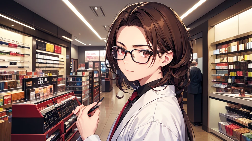 I will design a YouTube thumbnail image featuring an eyeglass store clerk, inspired by 'Daisuke Sakuma' or 'Masaki Suda'. He sports square black-rimmed glasses, has brown eyes, and vibrant reddish-brown hair, with a range of expressions. The jawline is rounded, and the illustration will cover his entire face and upper body. The background beautifully showcases vibrant and stylish glasses in a brightly lit eyeglass store.