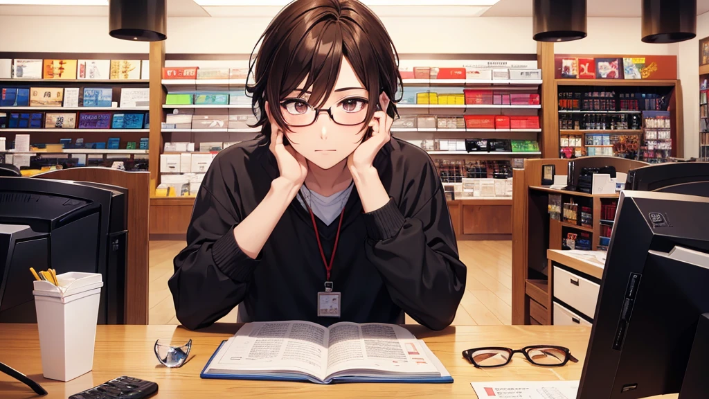 I will design a YouTube thumbnail image featuring an eyeglass store clerk, inspired by 'Daisuke Sakuma' or 'Masaki Suda'. He sports square black-rimmed glasses, has brown eyes, and vibrant reddish-brown hair, with a range of expressions. The jawline is rounded, and the illustration will cover his entire face and upper body. The background beautifully showcases vibrant and stylish glasses in a brightly lit eyeglass store.