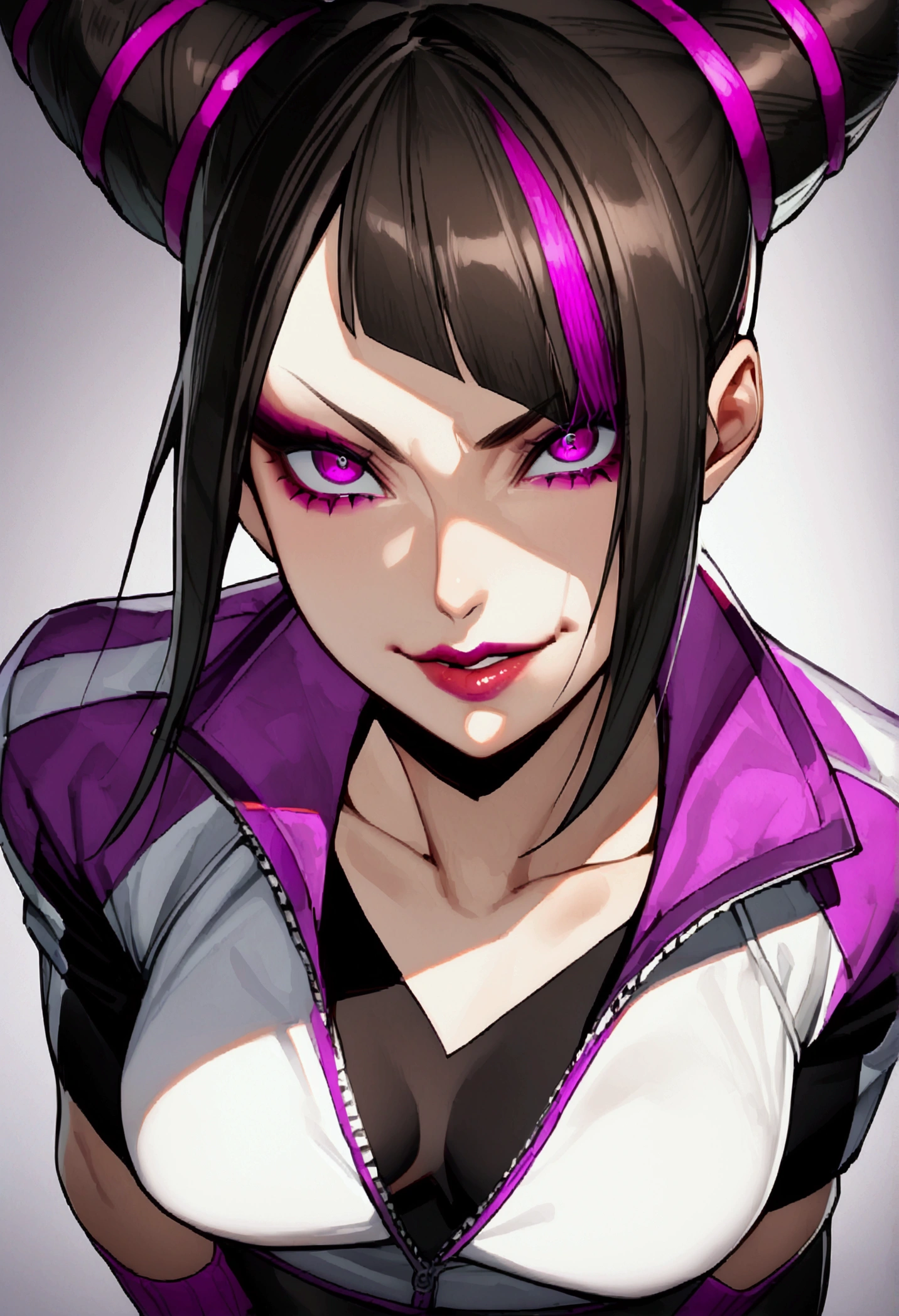 Juri Han,dark eyeshadow,glare eyes,beautiful young fitness woman with , in a gym wearing May with black pantyhose, white and purple fitted gym jacket. standing alone,hair horns,bright purple eyes,Evil smile,legging preto ,lips,dark eyeshadow,glare eyes,close up