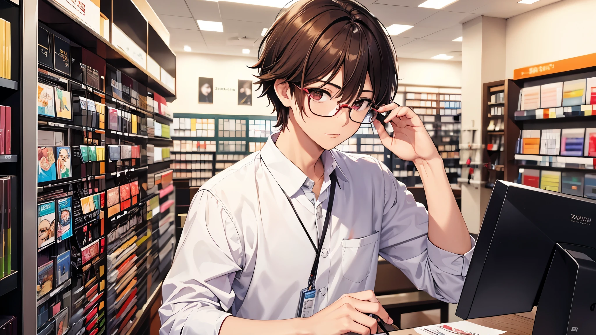 I will design a YouTube thumbnail image featuring an eyeglass store clerk, inspired by 'Daisuke Sakuma' or 'Masaki Suda'. He sports square black-rimmed glasses, has brown eyes, and vibrant reddish-brown hair, with a range of expressions. The jawline is rounded, and the illustration will cover his entire face and upper body. The background beautifully showcases vibrant and stylish glasses in a brightly lit eyeglass store.