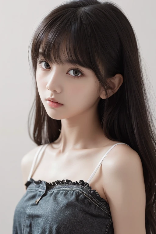 masterpiece, Highest quality, Very detailed, Best Shadow, Beautifully detailed face, Beautiful attention to detail, High Contrast,, One girl, small, (Flat Chest), bangs, Black bare shoulders,, White Background:1.3, (Face Focus:1.3, Eye close-up:1.3),  Girl, Messy Hair,Tattered clothes,feet

