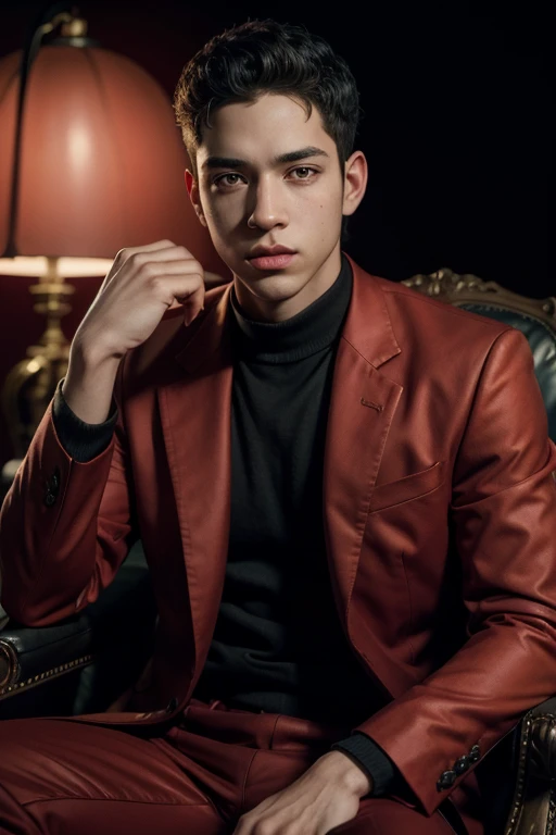 a young biracial man in a red suit holding a red pill, sitting in a president's chair against a black background, realistic, photorealistic, 8k, high resolution, intricate details, chiaroscuro lighting, dramatic shadows, cinematic composition