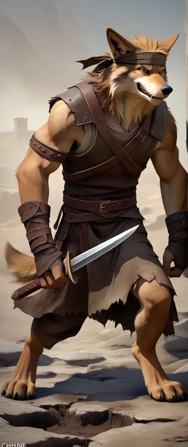Solo anthro furry wolf coyote male; ancient Mediterranean warrior; slim mesomorph handsome model apperance; boy's messy short hair headband; sexy toned muscules; sword scars; worn out brown studded leather rusty armament. He has a worn ot dirty old sleeveless tunic, belted with a heavy leather belt armor. on his chest he wears a skimpy breastplate over a tunic, a harness, a loinloth with worn-out loose desert trousers , a loinloth with worn-out loose desert trousers , a loinloth with worn-out loose desert trousers, he has His armor is old heavy brown harness with armlets studded with spikes;, he has old brown leather BFR Bands on Biceps and his thighs, he has old worn out fingerless leather gloves. His armor is in ruin, it is very very old and dirty, rusted, dirty, old worn out, rusty breastplate. Even though he is a handsome man, he has a sloppy appearance, has disheveled unwashed dirty fur, dirty body look. he smells, he has stains from old blood, dirt, semen, mud, smelly furr, disgusting bastard looking. Mediterranean sunny pine seacoastline pine forest; he has a proud, threatening and defiant expression on his face, with little dirty dangerous smile; He stands proudly bravely in an upright attacking position, he holds a rised up sword in his right paw, ready for incoming fight;