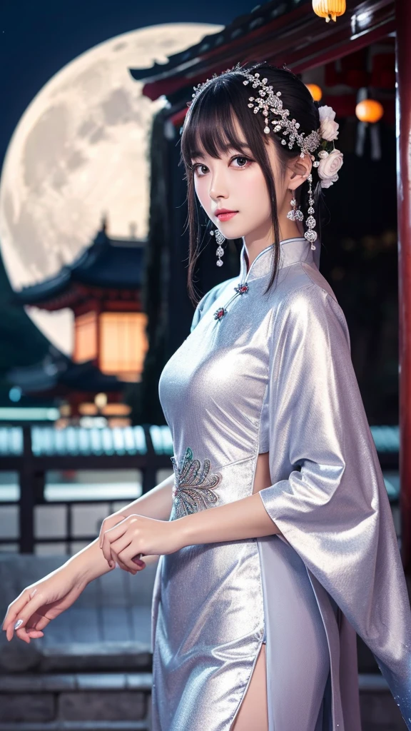 4hewe, 1girl, (feet out of frame, standing:1.4), 20 years old, beautiful chinese girl, detailed face, (forehead jewel:1.2), long hair, floating hair, grey hair hair, facing viewer, small face, puzzled, lipstick, brush, symmetrical eyes, (large breasts, narrow waist), (nice hands, perfect hands), (white vietnamese dress, floral print, long sleeves), high detail skin, real skin, (pagoda:1.4), (masterpiece, top quality, best quality, official art, beautiful and aesthetic:1.2), extreme detailed, epic cinematic, soft nature lights, rim light, absurd, amazing, hyper detailed, ultra realistic, soft colors, <lora:Foreheadwear_v2:0.8> <lora:GoodHands-vanilla:1> <lora:more_details:0.3>