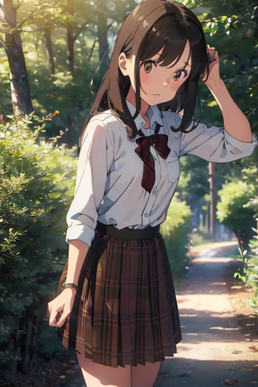 1 girl, Brown hair, Skinny body, submissive facial expression, In a forest, Plaid shirt and a raised skirt