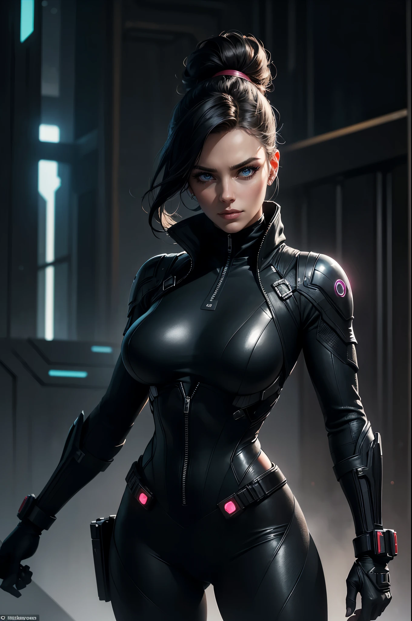 Scarlett Johansson as Black Widow is often depicted in a sleek, black leather suit, which is designed to be both functional for combat and visually striking. Her character typically exudes confidence and strength, often seen smiling or with a determined expression. In this iconic look, the costume is form-fitting with tactical details, including a low-cut neckline, utility belt, and various accessories like wrist gauntlets and holsters. Her hair is usually styled in loose waves or a practical updo, complementing her overall fierce and capable persona.,charlize thereon will be depicted in the futuristic world of "Aeon Flux". The artwork will be created using the medium of digital illustration. The image quality should be at its best, with a resolution of 4k or 8k. It should be ultra-detailed and have a realistic, photorealistic appearance. The colors should be vivid and the lighting should be carefully designed to enhance the overall atmosphere of the scene. In the artwork, Charlize Theron's character will be portrayed with beautiful, detailed eyes and lips. Her face will be extremely detailed, capturing her unique features and expressions. She will be shown in a dynamic pose, reflecting her strong and confident personality. The background will be a futuristic cityscape, showcasing the sci-fi elements of the "Aeon Flux" universe. The city will be presented in a dark and moody color palette, with neon lights illuminating the streets. The composition will have a strong sense of depth, with layers of buildings and structures creating a visually striking image. black hair The artwork will have a professional and polished look, with sharp focus and ultra-fine painting details. The use of HDR and studio lighting will further enhance the realism of the scene. The overall style of the artwork will be influenced by concept artists, combining elements of science fiction and dystopia. The final result should be a masterpiece that captures the essence of "Aeon Flux" and Charlize