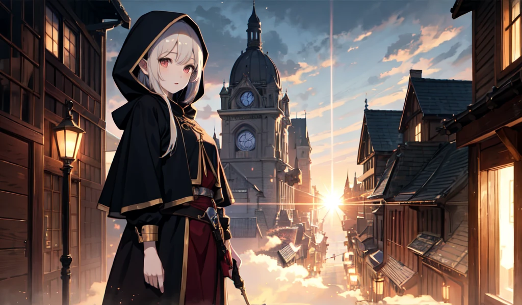 ((style:Colored pencil,pale colour))、Very detailed、(anime)、(masterpiece:1.2),Atmospheric perspective,Lens flare、Medieval European streets、Elf girl standing on the roof of a building、Wearing a hood、cute、Red eyes、Your eyes shine in the moonlight、Assassin Girl、(Assassin costumes)、Fantasy World、Show girls larger