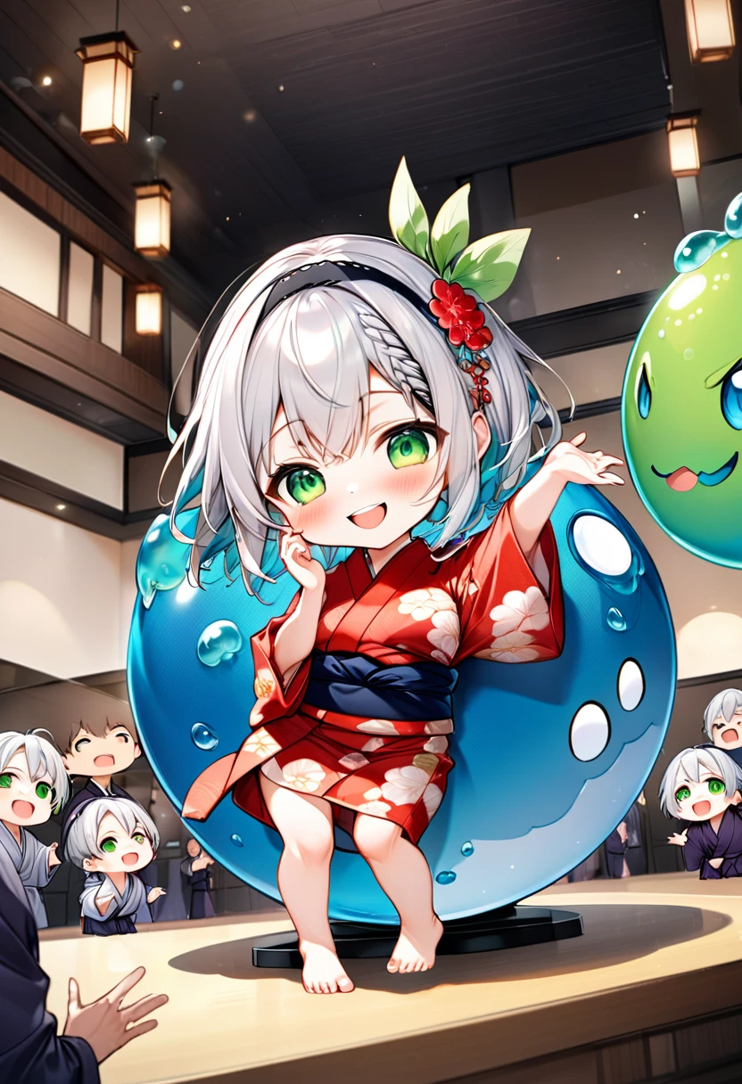 Highest quality, High resolution, Detailed Background, Beautiful face in every detail, Anatomically correct, Detailed facial expressions, fine grain, ((full body:1.2, from below, front view, looking away:1.3)), ((One Girl:1.2)), ((Chibi Girl:1.2)), (He performs a comedy routine at a company party.), silver Hair, beautiful clear big green eyes, Braided Bob, (hair band:1.2), BREAK (yukata, barefoot), (Very big smile:1.3), ((Get on top of a spherical slime:1.3, Spread your hands horizontally)), BREAK (Background is the Japanese-style banquet hall, Yukata colleague, Many dishes, Bottled beer),