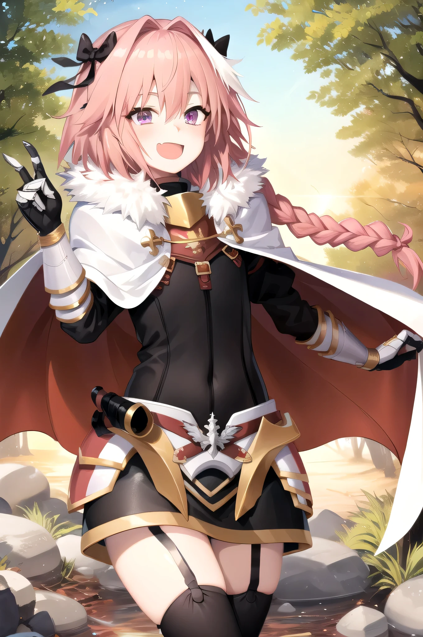 masterpiece、Highest quality、High resolution、One boy、astolfo、solo、Pink Hair、Purple Eyes、Long braids、cape、Gauntlet、Garter Straps、Black knee socks、Cowboy Shot、View your viewers、surprised、Happy、Eyes Wide Open、smile、Open your mouth、forest、throw、