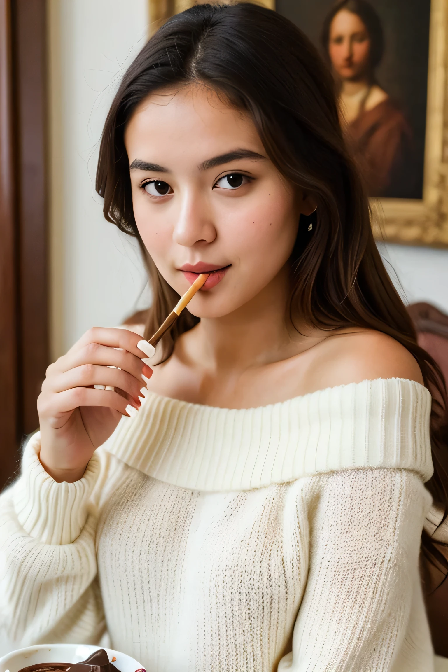 ((Best Quality)), ((masterpiece)), (detailed), 1 girl, off shoulder sweater, eating chocolate sticks