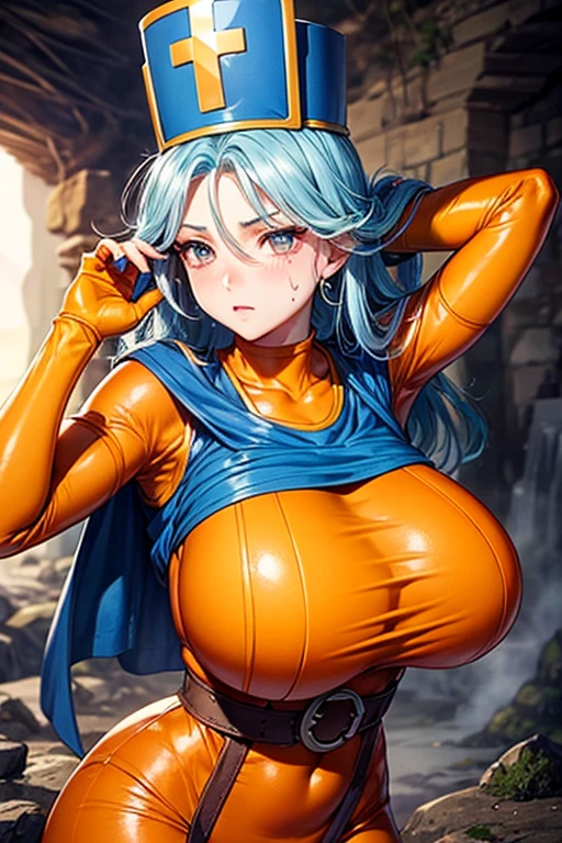 masterpiece, Highest quality,  Unreal Engine,  Super Resolution,  Very detailed, 

Beautiful woman, Dragon Quest Female Monk, long sky blue hair, Priest's hat, orange bodysuit, mitre, tabard, elbow gloves, Burtabad, Vivid expression, Healthy Body, Beautifully detailed sweat glands, Smooth skin texture, Carefully drawn, 

(humidity:1.5), (Hot Temperatures:1.5), Beautiful Eyes, (Attractive face:1.2), (Beautiful Skin), Thin waist, (Big Breasts), Round Breasts, (Sticky with sweat), Irresistibly sexy pose, 

In the world of Dragon Quest, (Inside the cave where you can see magma), 