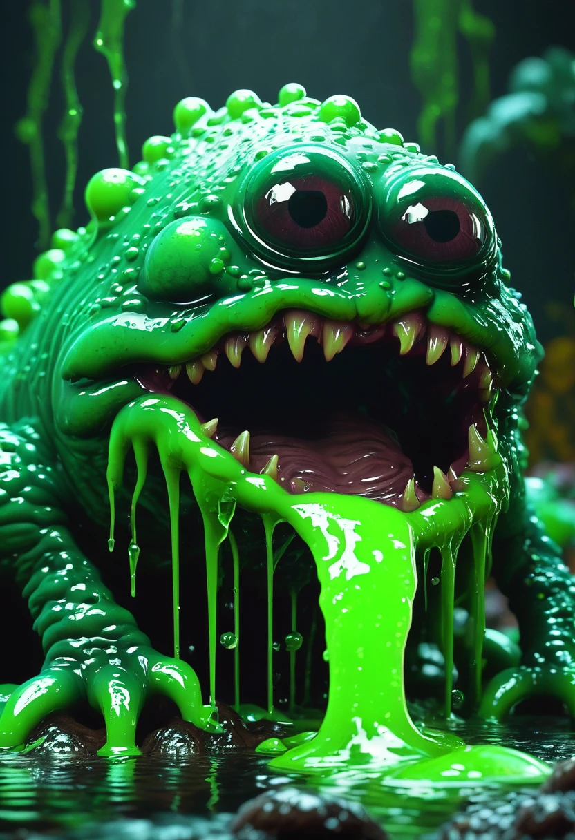 a green slime monster, slimy and oozing, dripping with viscous goo, grotesque and unsettling, creeping and crawling, detailed and realistic, 3D render, horror atmosphere, gloomy lighting, moody colors, dark and eerie