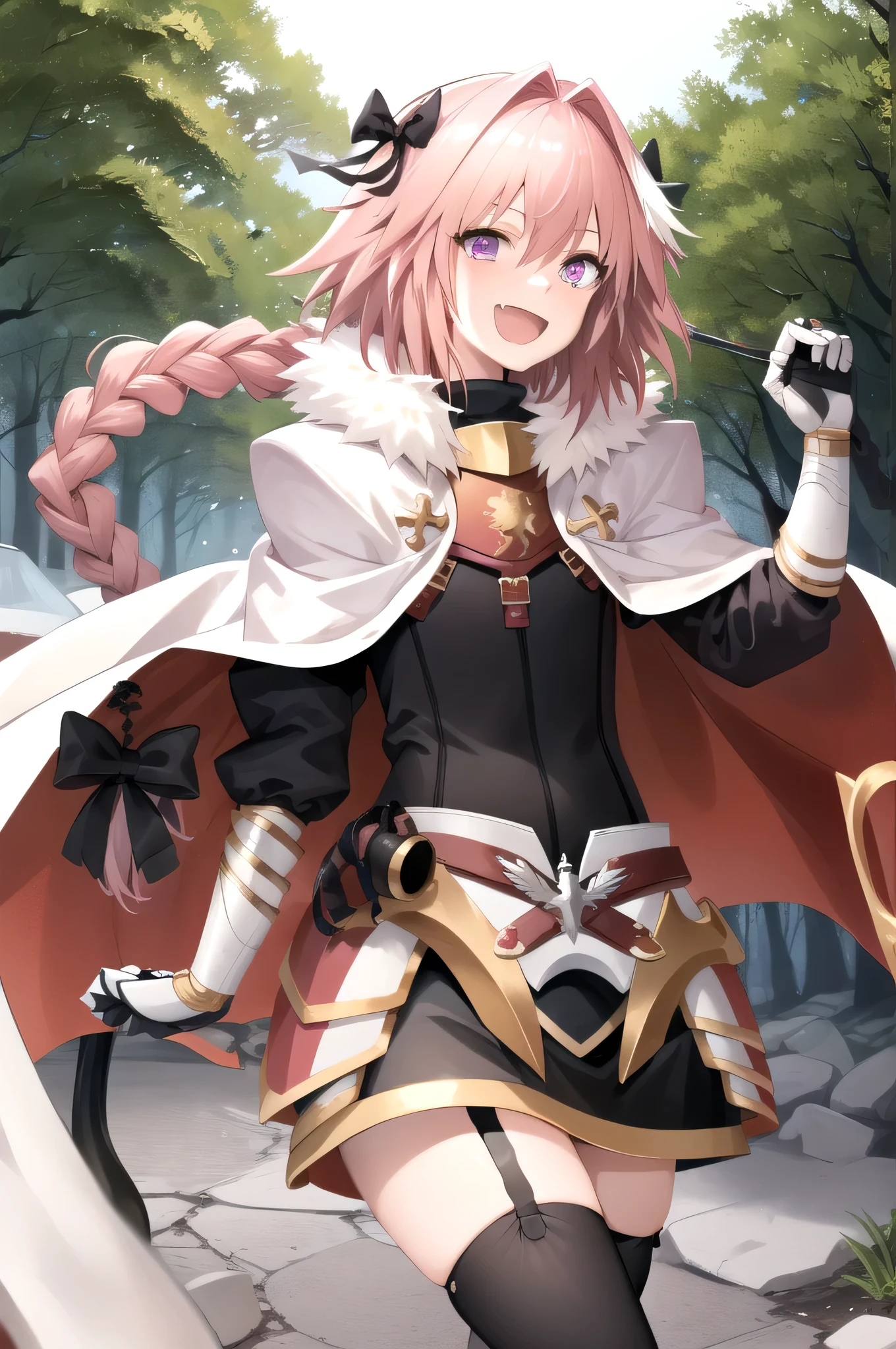 masterpiece、Highest quality、High resolution、One boy、astolfo、solo、Pink Hair、Purple Eyes、Long braids、cape、Gauntlet、Garter Straps、Black knee socks、Cowboy Shot、View your viewers、surprised、Happy、Eyes Wide Open、smile、Open your mouth、forest、throw、