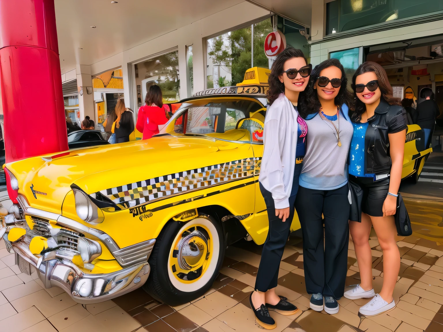 three girls standing in front of a yellow taxi, standing in front of a lowrider, 5 0's diner, taxis, by Nándor Katona, in a classic 50 s diner, wonderful masterpiece, taxi, in são paulo, in a 50 s diner, by Tom Wänerstrand, by david rubín, information, by Joe Bowler, Highly realistic, hyperrealism, highly crafted skin, sharp photo, high resolution, high quality, masterpiece, 16K photo, high contrast, masterpiece
