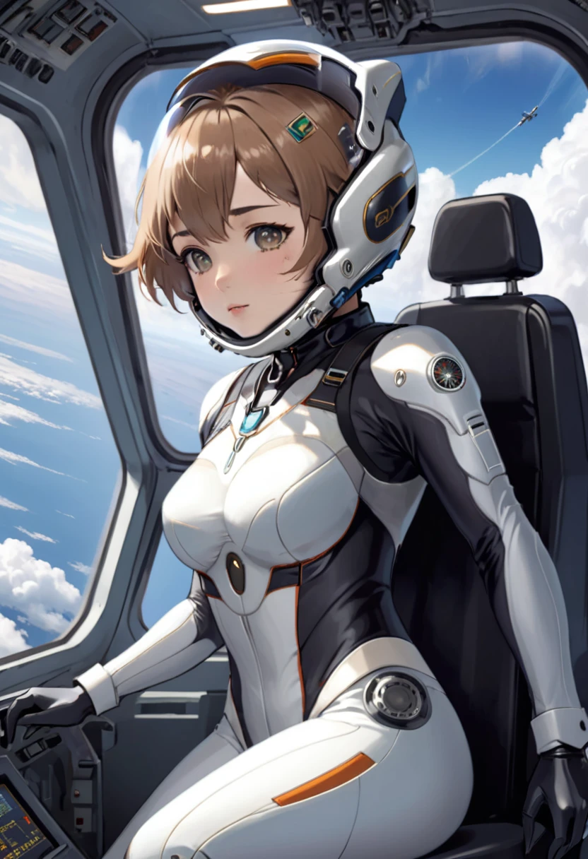 ((Female pilot in the cockpit of a reconnaissance plane), (airplane cockpit), (in flight), (10000 feet altitude)、(sky view):1.7),, short hair, eyeliner, apocalypse, girl, nside the (cockpit:1.9) of a (futuristic spaceship:1.6), , blush,sitting on a chair, covered navel, space helmet, muvluv, space helm, plug suit , space helmet, eva helm, space suit, short hair, 
FROM SIDE