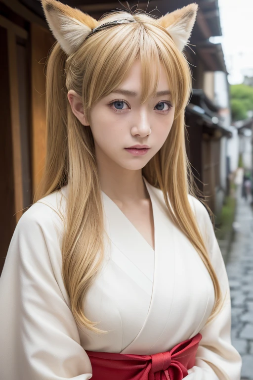 ((Beautiful blonde hair))、((Beautiful blonde))、Small fox ears、one girl, (a beauty girl, delicate girl:1.3), (12 years old, change:1.3), break,((Shrine maiden costume)),(Brown fox ears) break, Definition of Very Fine Particles, (Symmetrical eyes:1.3), break, (alley, Kyoto:1.3), perfectly trimmed fingers, break, ((Beautiful medium milk)), Brown eyes, Parted bangs, Brown Hair, girl, break, (Eye and facial details:1.0), break, (masterpiece, Highest quality, Very detailed, Detailed face, 8k)