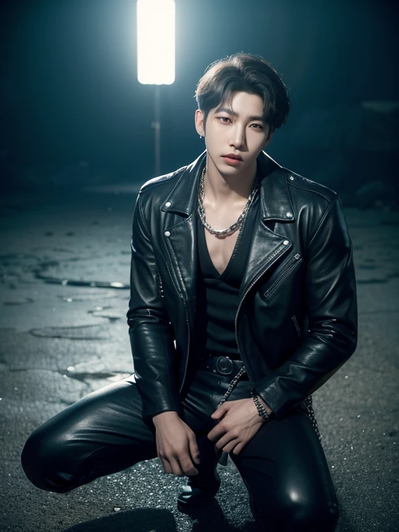 a handsome man in a black leather jacket and leather pants with chains, kneeling on the beach and facing the viewer, hands in pockets, a bad boy idol, highly detailed realistic portrait, cinematic lighting, dramatic colors, 8k, hyperrealistic, dynamic pose, dramatic chiaroscuro, sharp focus, photorealistic, professional photography, stunning natural background, beautiful sunny day, Kim Namjoon, BTS,malejoon, malejoon bts, bts, male, Rap monster,