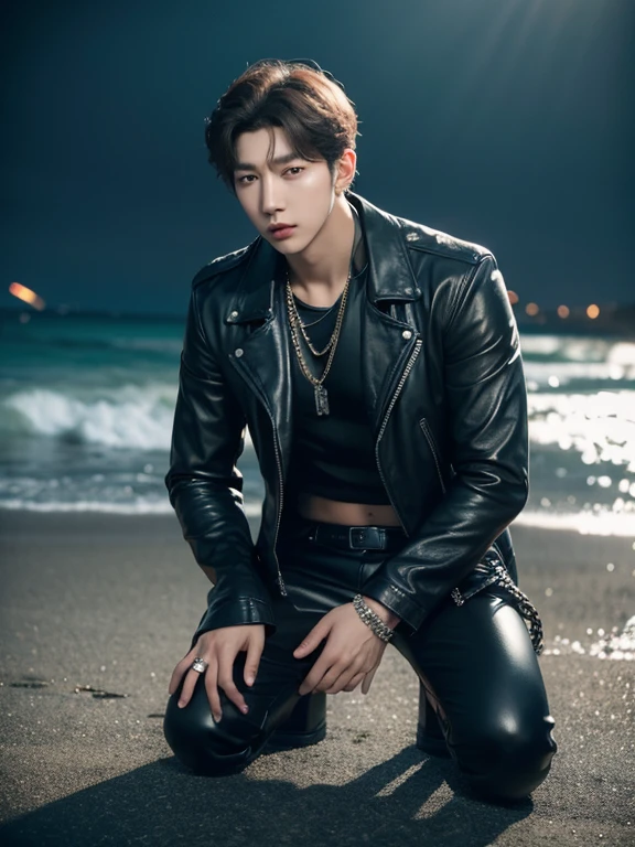 a handsome man in a black leather jacket and leather pants with chains, kneeling on the beach and facing the viewer, hands in pockets, a bad boy idol, highly detailed realistic portrait, cinematic lighting, dramatic colors, 8k, hyperrealistic, dynamic pose, dramatic chiaroscuro, sharp focus, photorealistic, professional photography, stunning natural background, beautiful sunny day, Kim Namjoon, BTS,malejoon, malejoon bts, bts, male, Rap monster,
