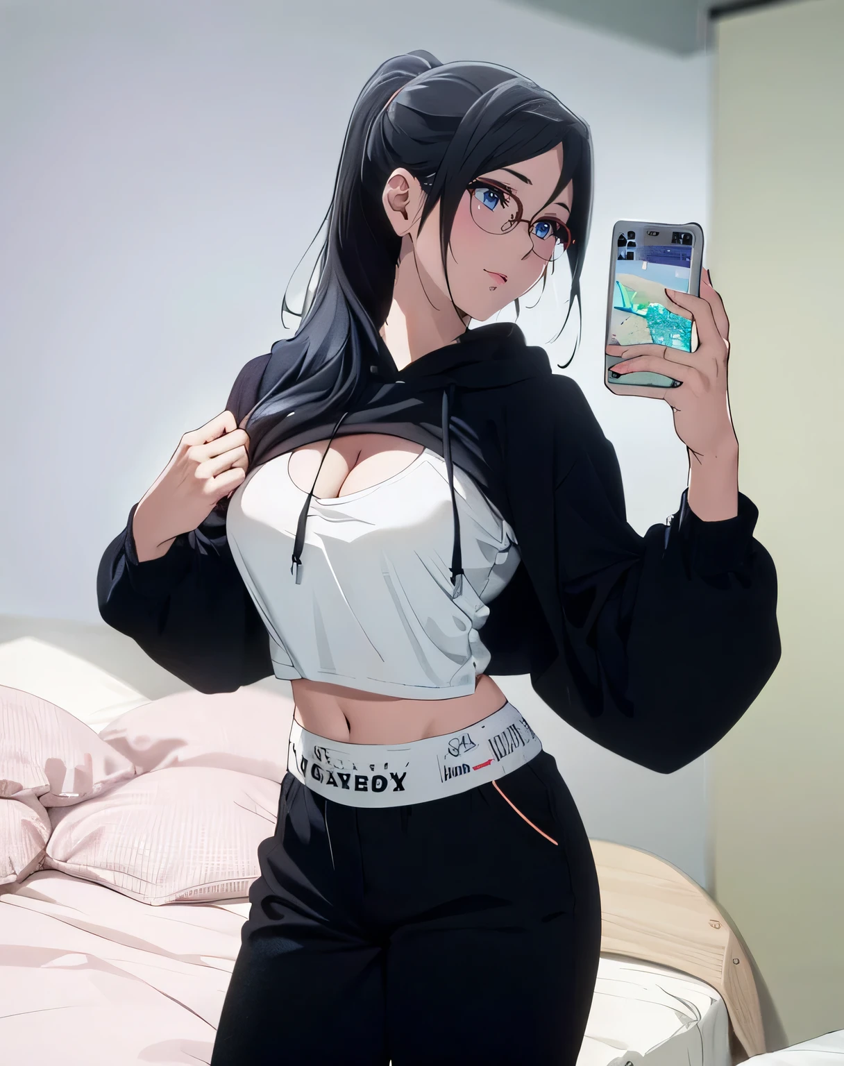 Masterpiece, high res, alone, {Thanaka_Asuka_euphonium sound:1.15} (park:1.13), black_hair, long_hair, glasses, light blue_eyes, Blush, red frame_glasses, Seraph, beyond the edge_glasses, semi borderless_glasses, hair_between_eyes, 1girl, solo, breasts, phone, black_hair, selfie, hood, pants, cellphone, ponytail, hoodie, cleavage, holding, holding_phone, long_hair, black_eyes, mole, lips, mole_under_eye, smartphone, black_pants, hood_down, drawstring, medium_breasts, yoga_pants, animal_print, crop_top, midriff, bed, cropped_hoodie, shrug_(clothing), black_hoodie