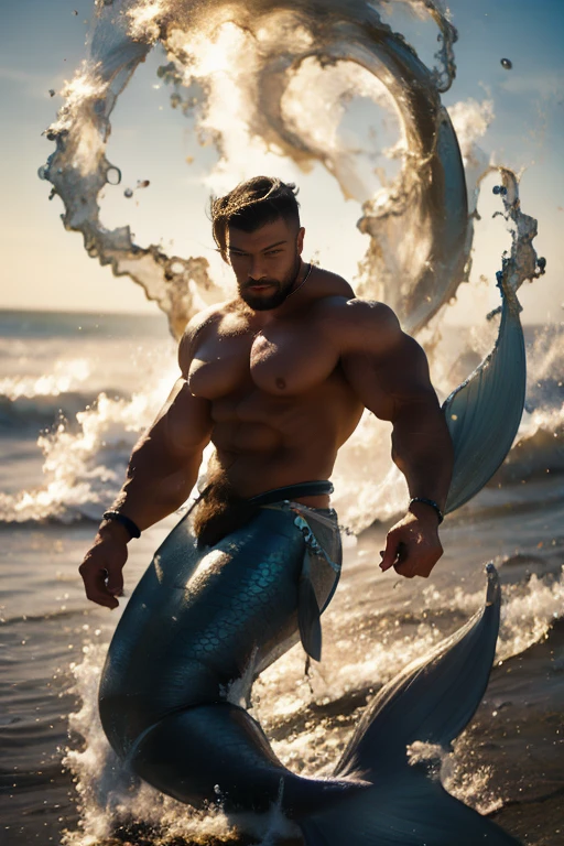 muscle male mermaid, merman, muscles, male bodybuilder, blue mermaid tails, short beard, black hair, jumping from water, water twister, rocks, wallpaper