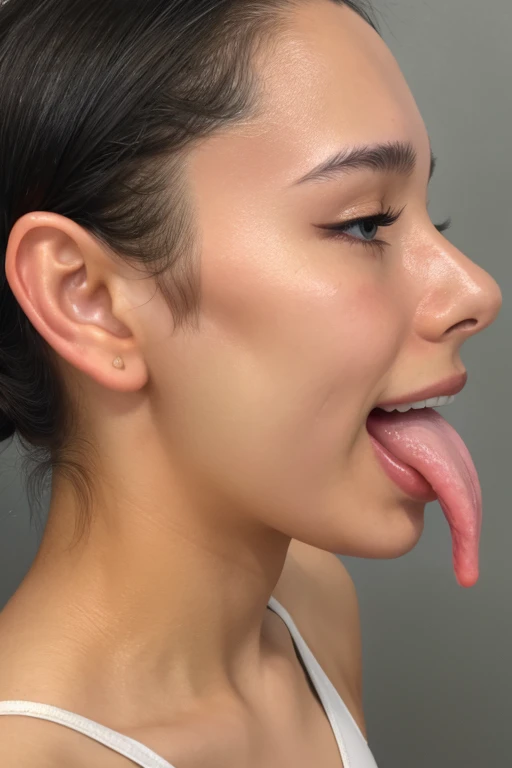 Taylor Hill、High resolution realistic photos,8k,Realistic skin texture,to be born々New People々々々々々,1 girl,Tabletop,,Awards - Winning Photos, Very detailed, close your eyes, Nose and mouth,Face Focus, Extreme close up of face、口を開けてclose your eyesいる女性, Black camisole、20-year-old,Black-haired、Symmetrical face,Realistic nostrils、Angle from below、Elongated C-shaped nostrils,((Gray background))、Sweaty skin、汗でGlowing Skinを強調する照明、((Sharp Nose))Skin shiny with sweat、Glowing Skin、Sweaty hair、sunlight、(Brow wrinkles)((Frowning))(Cum on tongue)、Deep Kiss、((Thin eyebrows))((Oily skin、Glowing Skin))、double eyelid、Wet and shiny tongue、Tied Hair、Updo、Lift your head(((Long Tongue, Saliva trace)))((Super wet skin))((nasal septumの見えるprofile,nasal septum,profile))