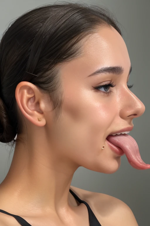 Taylor Hill、High resolution realistic photos,8k,Realistic skin texture,to be born々New People々々々々々,1 girl,Tabletop,,Awards - Winning Photos, Very detailed, close your eyes, Nose and mouth,Face Focus, Extreme close up of face、口を開けてclose your eyesいる女性, Black camisole、20-year-old,Black-haired、Symmetrical face,Realistic nostrils、Angle from below、Elongated C-shaped nostrils,((Gray background))、Sweaty skin、汗でGlowing Skinを強調する照明、((Sharp Nose))Skin shiny with sweat、Glowing Skin、Sweaty hair、sunlight、(Brow wrinkles)((Frowning))(Cum on tongue)、Deep Kiss、((Thin eyebrows))((Oily skin、Glowing Skin))、double eyelid、Wet and shiny tongue、Tied Hair、Updo、Lift your head(((Long Tongue, Saliva trace)))((Super wet skin))((nasal septumの見えるprofile,nasal septum,profile))