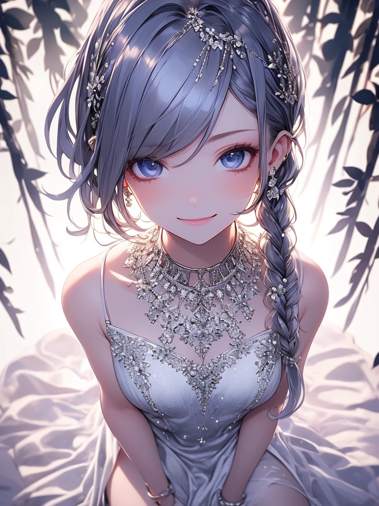 (master piece),(4k),(perfect anatomy),(complete fingers),high quality,flat chest,(1girl),(solo),pale skin,Dramatic makeup,smiling elegantly,beautiful detailed blue eyes,silver hair,right braid loose side tail,silky dress,((with white cloak)), (Highly detailed elegant),Fade out beautifully, Detailed skin, Bokeh, Silky to the touch, Hyper Detail,sitting,in simple room,(foliage plant),from above