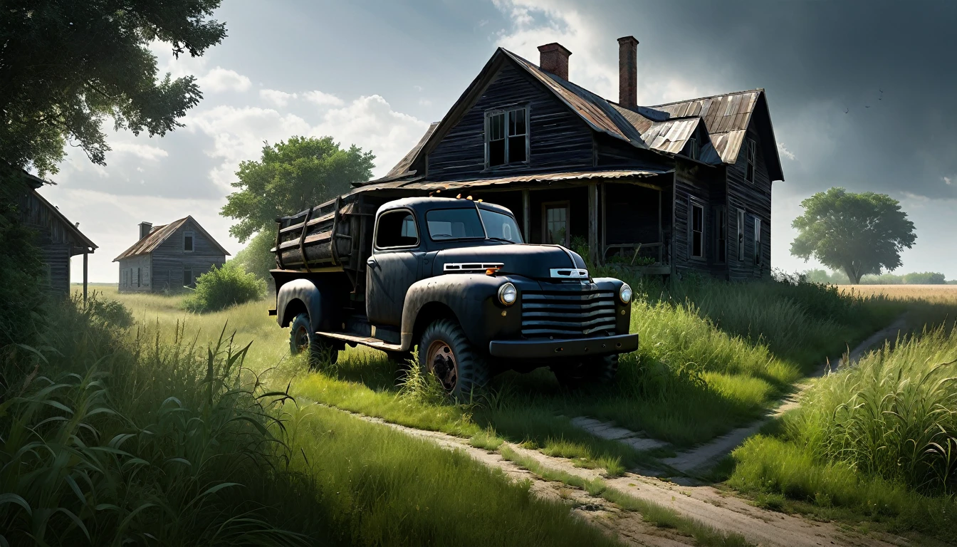 007: Design a hyper-realistic image of a large black truck parked in front of a dilapidated farmhouse in the middle of nowhere. The truck’s headlights shine on the overgrown path leading to the house, where shadows seem to move unnaturally among the tall grass. The sky is overcast, and the wind howls through the trees, creating an atmosphere filled with dread and anticipation. The image should be in a 16:9 format, with soft shadows and highlights to heighten the sense of isolation and fear.