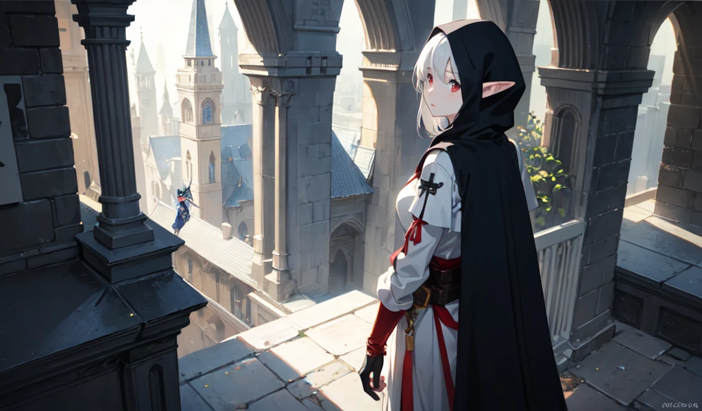 ((style:Colored pencil,pale colour))、Very detailed、(anime)、(masterpiece:1.2),Atmospheric perspective,Lens flare、Medieval European streets、Elf girl standing on the roof of a building、Robe with hood、cute、Red eyes、Your eyes shine in the moonlight、Assassin Girl、(Assassin costumes)、Fantasy World、Show girls larger