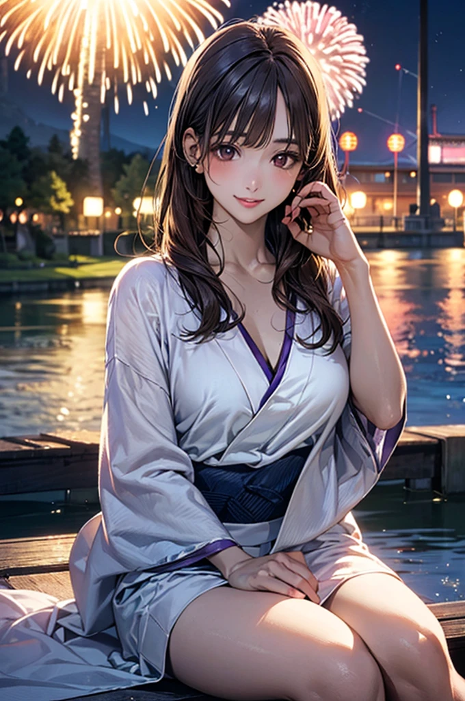 (masterpiece:1.2, Highest quality), (Realistic, photoRealistic:1.4), Beautiful illustrations, (Natural Side Lighting, Cinema Lighting),
View your viewers, Cowboy Shot, 1 girl, Japanese, high school girl, Perfect Face, Cute and symmetrical face, White skin, Glowing Skin,
(Mid-length hair, (Half Up), Light brown hair), (Side Lock, Long sideburns), Blunt bangs, Brown eyes, Long eyelashes, (Large Breasts), thin,
Beautiful Hair, Beautiful Face, Beautiful attention to detail, Beautiful clavicle, Beautiful body, Beautiful breasts, Beautiful thighs, Beautiful feet, Beautiful fingers, (Five Fingers)
(Detailed cloth texture, Purple yukata with floral pattern),
(Beautiful views), night, Summer festival, (River side, firework), Sitting Causeway, (Cute smile, Lips parted),