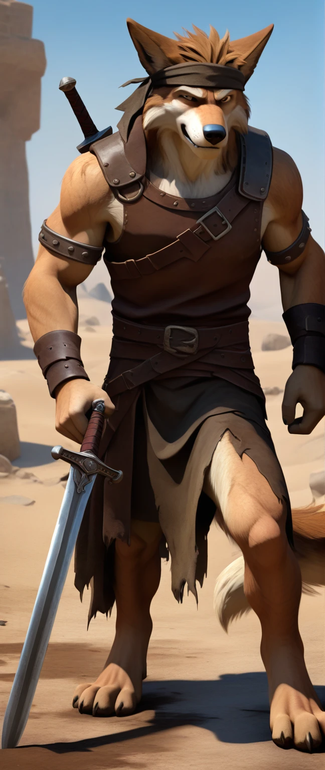 Solo anthro furry wolf coyote male; ancient Mediterranean warrior; slim mesomorph handsome model apperance; boy's messy short hair headband; sexy toned muscules; sword scars; worn out brown studded leather rusty armament. He has a worn ot dirty old sleeveless tunic, belted with a heavy leather belt armor. on his chest he wears a skimpy breastplate over a tunic, a loinloth with worn-out loose desert trousers , worn-out loose desert trousers , worn-out loose desert trousers, he has His armor is old heavy brown harness with armlets studded with spikes;, he has old brown leather BFR Bands on Biceps and his thighs, he has old worn out fingerless leather gloves. His armor is in ruin, it is very very old and dirty, rusted, dirty, old worn out, rusty breastplate. Even though he is a handsome man, he has a sloppy appearance, has disheveled unwashed dirty fur, dirty body look. he smells, he has stains from old blood, dirt, semen, mud, smelly furr, disgusting bastard looking. Mediterranean sunny pine seacoastline pine forest; he has a proud, threatening and defiant expression on his face, with little dirty dangerous smile; He stands proudly bravely in an upright attacking position, he holds a rised up sword in his right paw, ready for incoming fight;