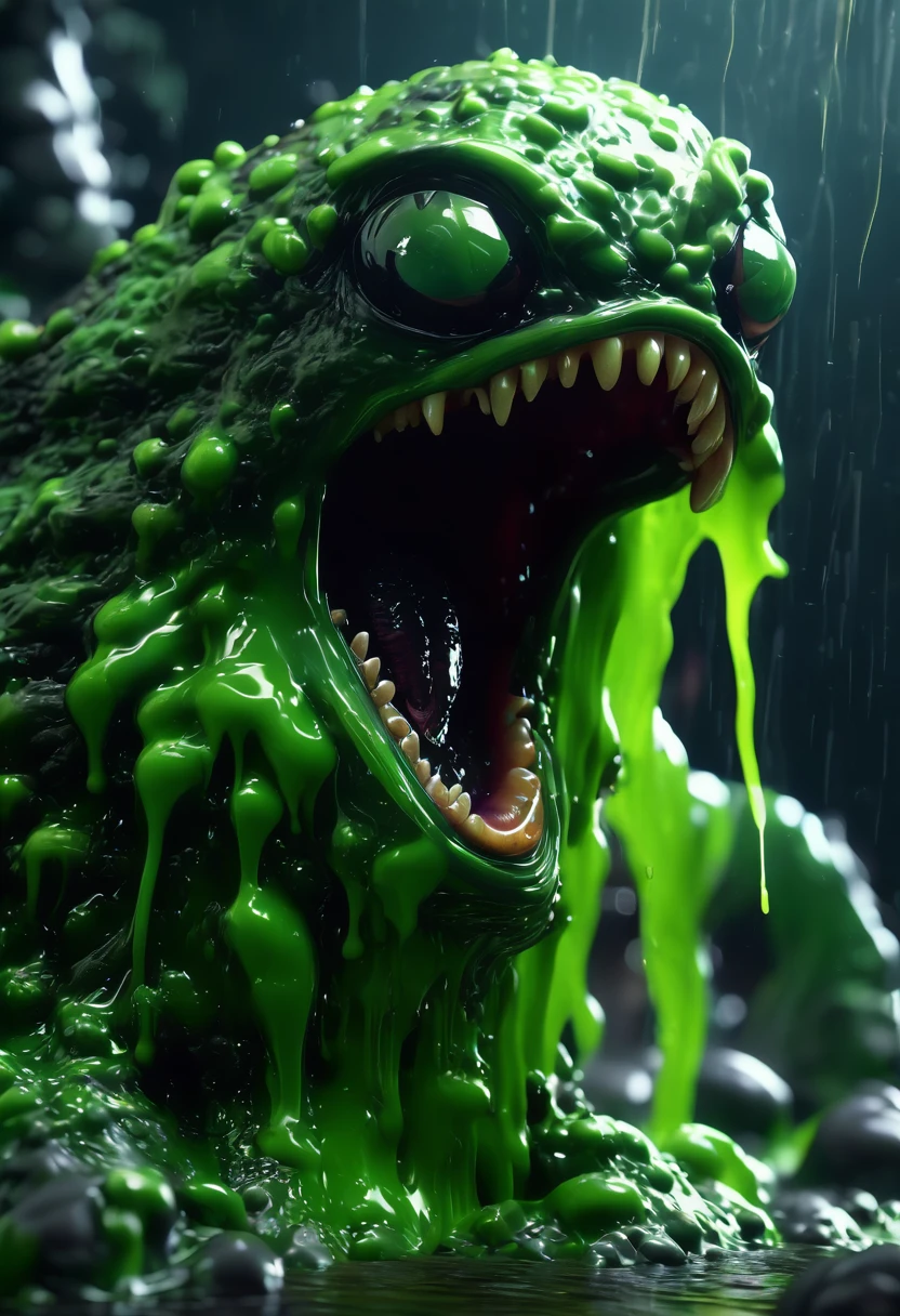 a green slime monster, slimy and oozing, dripping with viscous goo, grotesque and unsettling, creeping and crawling, detailed and realistic, 3D render, horror atmosphere, gloomy lighting, moody colors, dark and eerie