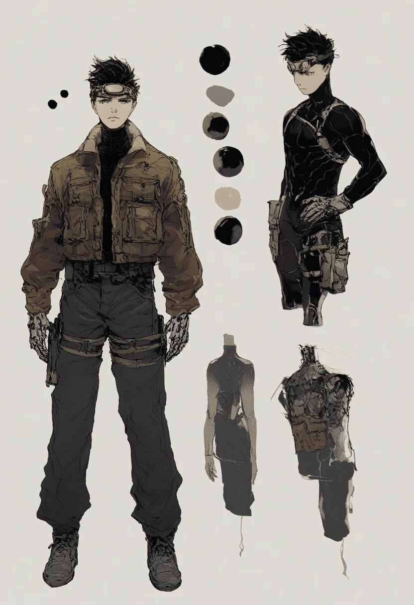 score_9, score_8_up, score_7_up,BREAK
 conceptart,1boy, solo, portrait of a young man, sunken eyes, handsome, straps, bomber jacket, turtleneck sweater, black cargo pants, armpit holster, makeshift pauldrons, makeshift greaves, dieselpunk technology, magically enhanced robotic gloves, goggles on his head, black hair, messy middle-parted haircut, low lightning, magic energy irradiating from his gloves, hand on his hip, reference sheet, multiple views simple background