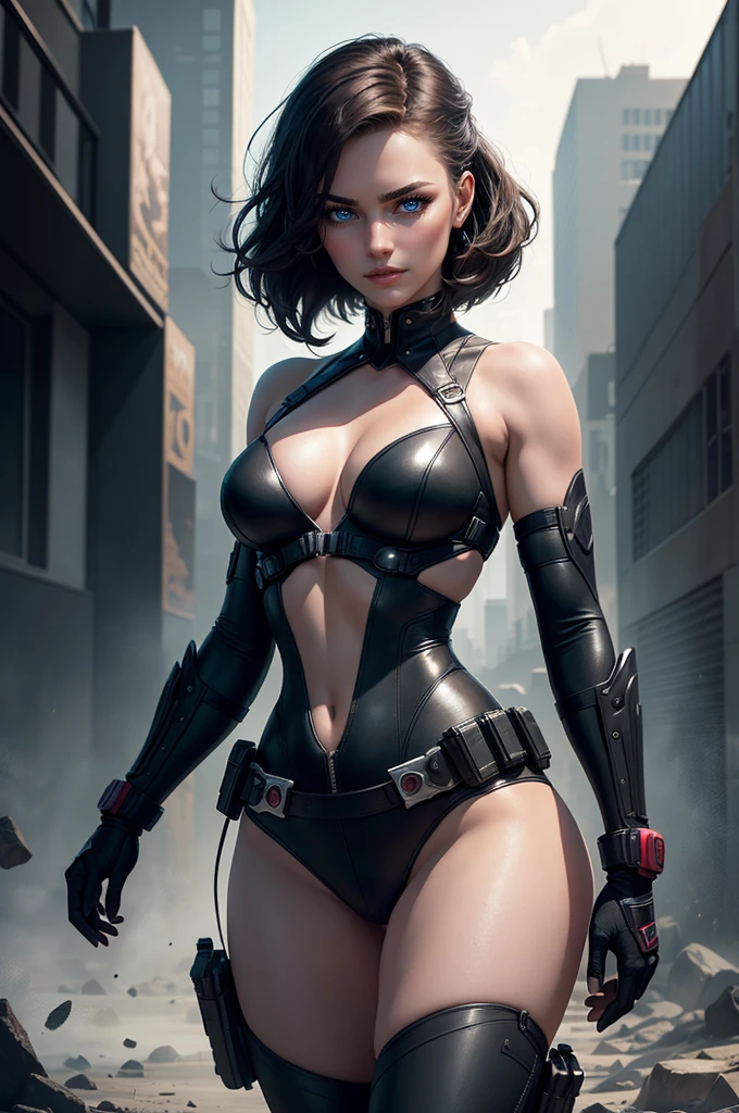 Scarlett Johansson as Black Widow is often depicted in a sleek, black leather suit, which is designed to be both functional for combat and visually striking. Her character typically exudes confidence and strength, often seen smiling or with a determined expression. In this iconic look, the costume is form-fitting with tactical details, including a low-cut neckline, utility belt, and various accessories like wrist gauntlets and holsters. Her hair is usually styled in loose waves or a practical updo, complementing her overall fierce and capable persona.,charlize thereon will be depicted in the futuristic world of "Aeon Flux". The artwork will be created using the medium of digital illustration. The image quality should be at its best, with a resolution of 4k or 8k. It should be ultra-detailed and have a realistic, photorealistic appearance. The colors should be vivid and the lighting should be carefully designed to enhance the overall atmosphere of the scene. In the artwork, Charlize Theron's character will be portrayed with beautiful, detailed eyes and lips. Her face will be extremely detailed, capturing her unique features and expressions. She will be shown in a dynamic pose, reflecting her strong and confident personality. The background will be a futuristic cityscape, showcasing the sci-fi elements of the "Aeon Flux" universe. The city will be presented in a dark and moody color palette, with neon lights illuminating the streets. The composition will have a strong sense of depth, with layers of buildings and structures creating a visually striking image. black hair The artwork will have a professional and polished look, with sharp focus and ultra-fine painting details. The use of HDR and studio lighting will further enhance the realism of the scene. The overall style of the artwork will be influenced by concept artists, combining elements of science fiction and dystopia. The final result should be a masterpiece that captures the essence of "Aeon Flux" and Charlize