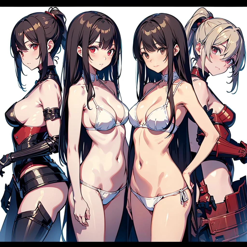 nsfw,8k,Masterpiece,Character design sheet,同じキャラクターのMultiple Views,Front view,Side view,Rear view,(White background:1.4),(Background color: White),(Red Bikini:1.3),((A woman wearing separate armor)),female knight,Mature Woman,28 years old,Bikini Armor, The world of fantasy games set in another world,Sexy anime characters,Slender figure,Cleavage,belly button,Short Bob,Light brown hair,Shy smile,Flushed Cheeks, Knight Girl, Very detailed fan art, Detailed digital anime art, Anime Goddess, Anime illustration, Girl in Armor,Beautiful expression right down to your fingertips,Looking at the audience,Contrapposto,Hands on Hips,Professional model posing,Multiple Views