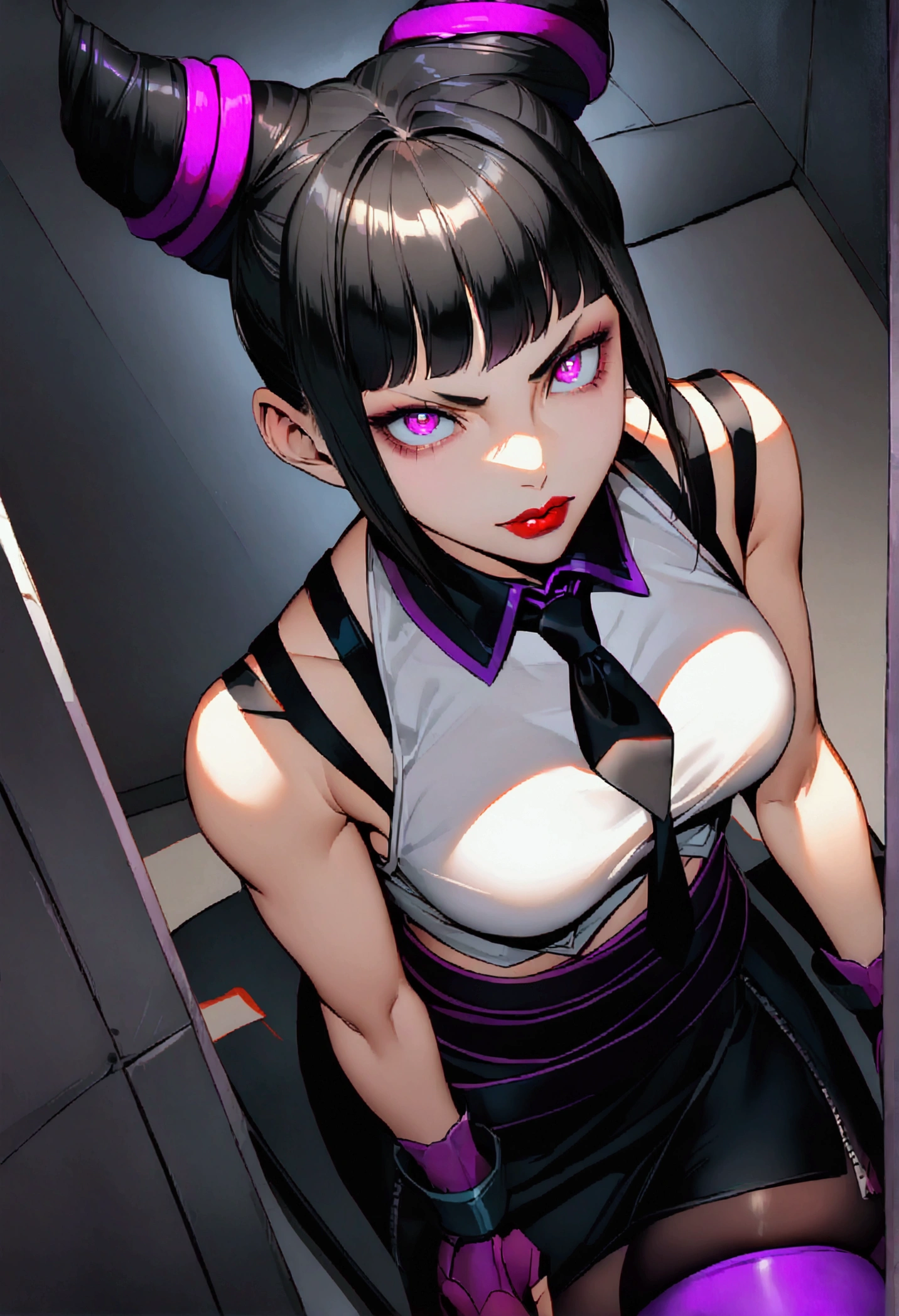 juri han, work of art, tight white secretary shirt with black tie, black high waist skirt, short skirt,stocking, black hair, black tightscary sun,office,bangs on the eyes,Lighting, hair with purple details,view from above,staring overhead,evil smile,sitting,cross legs,glowing purple eyes,red lips,The eyes