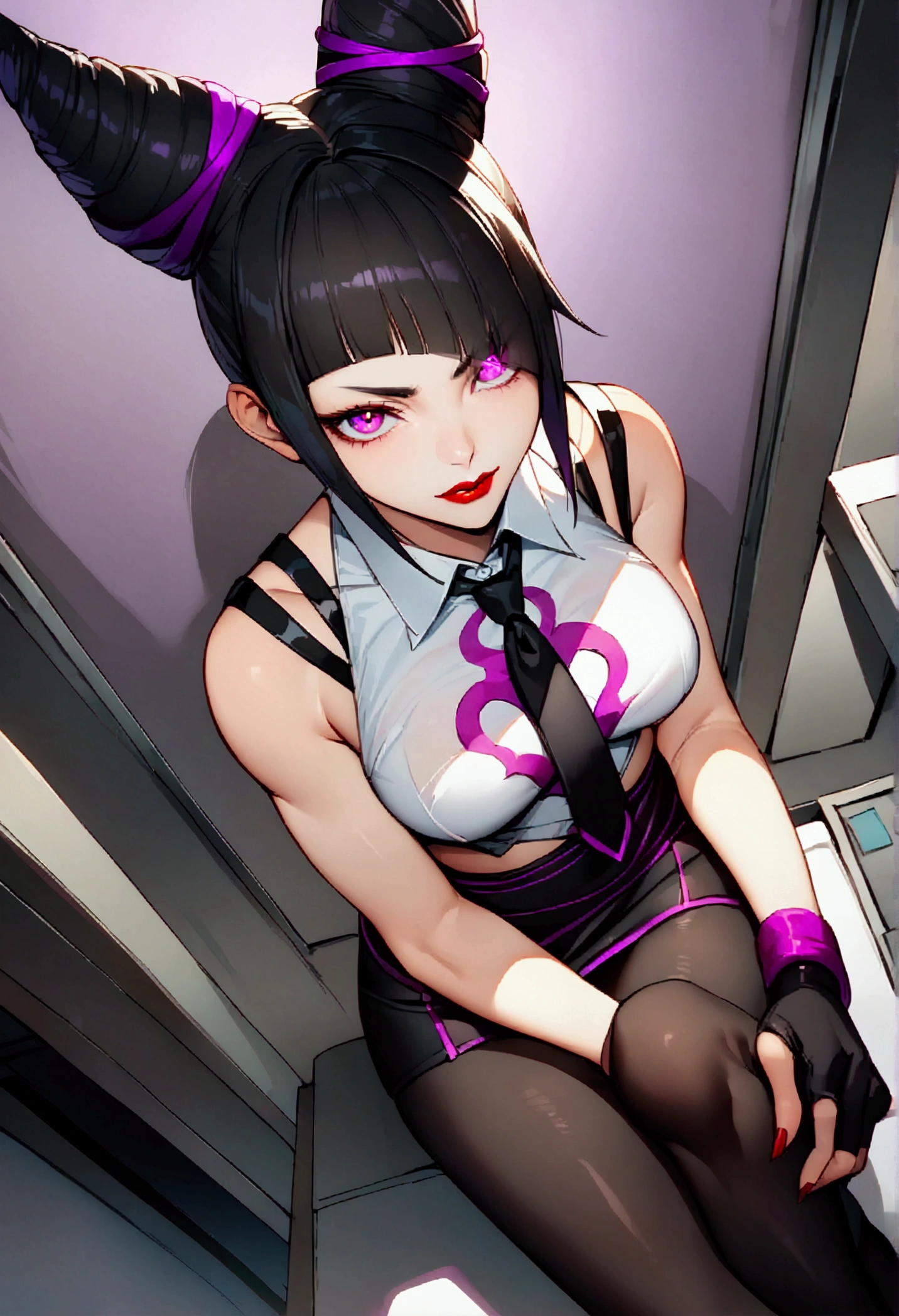 juri han, work of art, tight white secretary shirt with black tie, black high waist skirt, short skirt,stocking, black hair, black tightscary sun,office,bangs on the eyes,Lighting, hair with purple details,view from above,staring overhead,evil smile,sitting,cross legs,glowing purple eyes,red lips,The eyes
